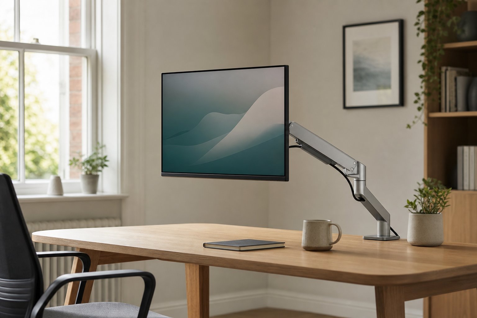 Monitor on a gas-spring monitor arm clamped to an oak desk in a bright UK home office, illustrating monitor arm compatibility