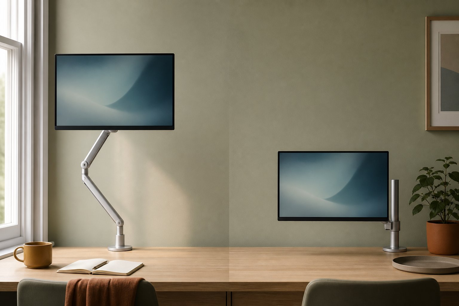 Gas spring vs mechanical monitor arm compared side by side, one screen floating high and one locked low