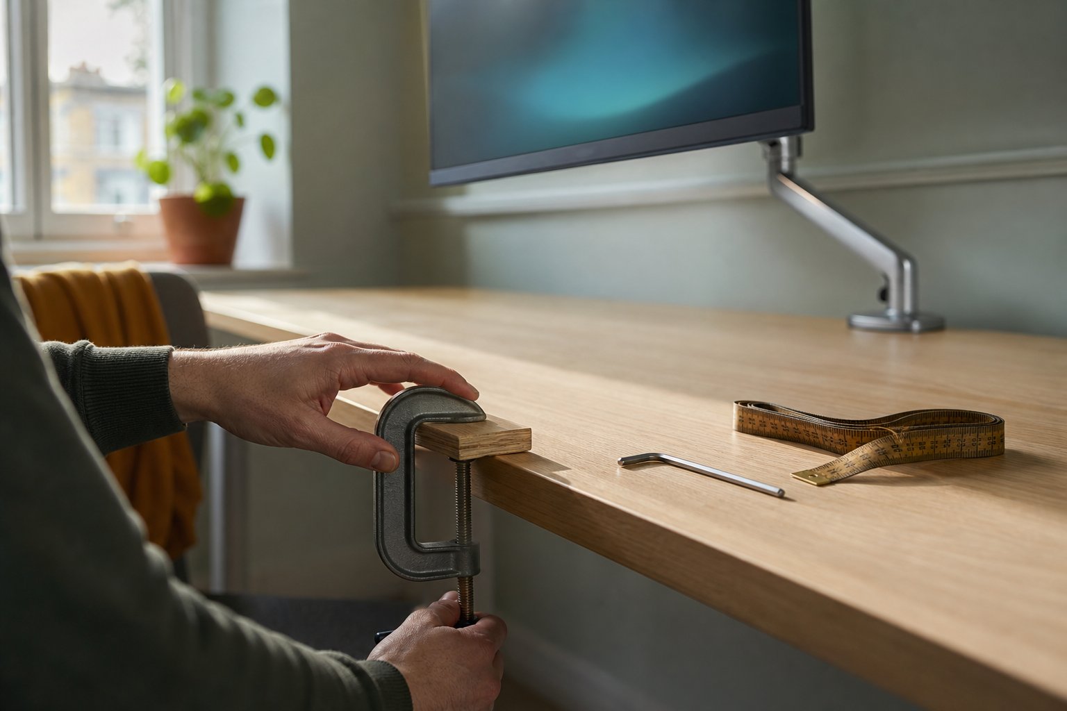 Gas-spring monitor arm clamped to the edge of a 38mm oak kitchen worktop being used as a DIY home office desk