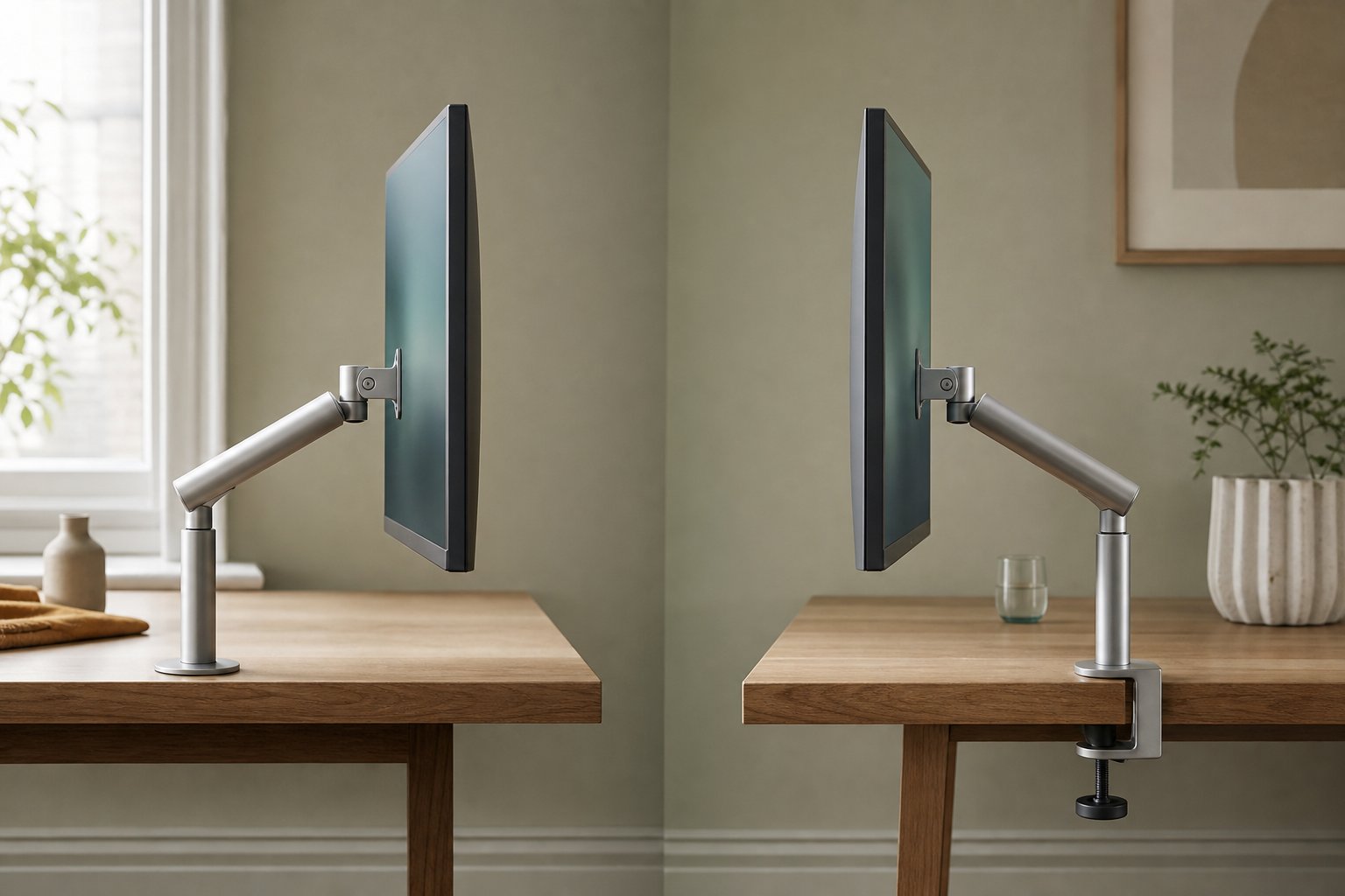 Monitor arm C-clamp beside a bullnose rounded desk edge, with a hardwood block cut to give the clamp a flat surface