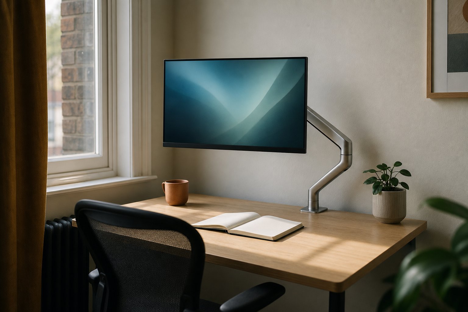 Laptop raised on a stand beside an external monitor floating on a gas-spring arm, showing where to place a laptop in a two-screen desk setup