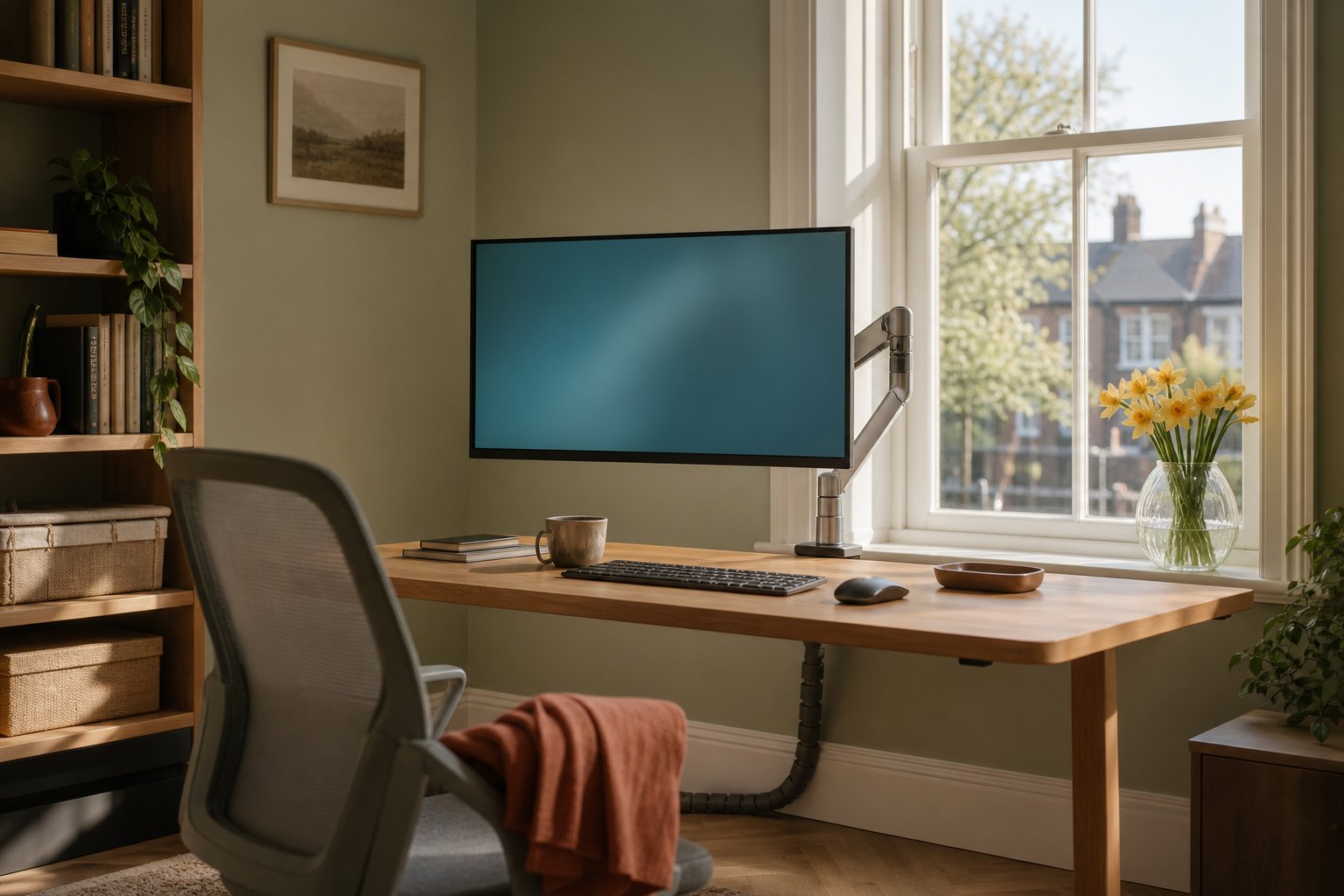 Home office desk set up in front of a radiator beneath a window, with a clear air gap and the monitor held forward on an arm