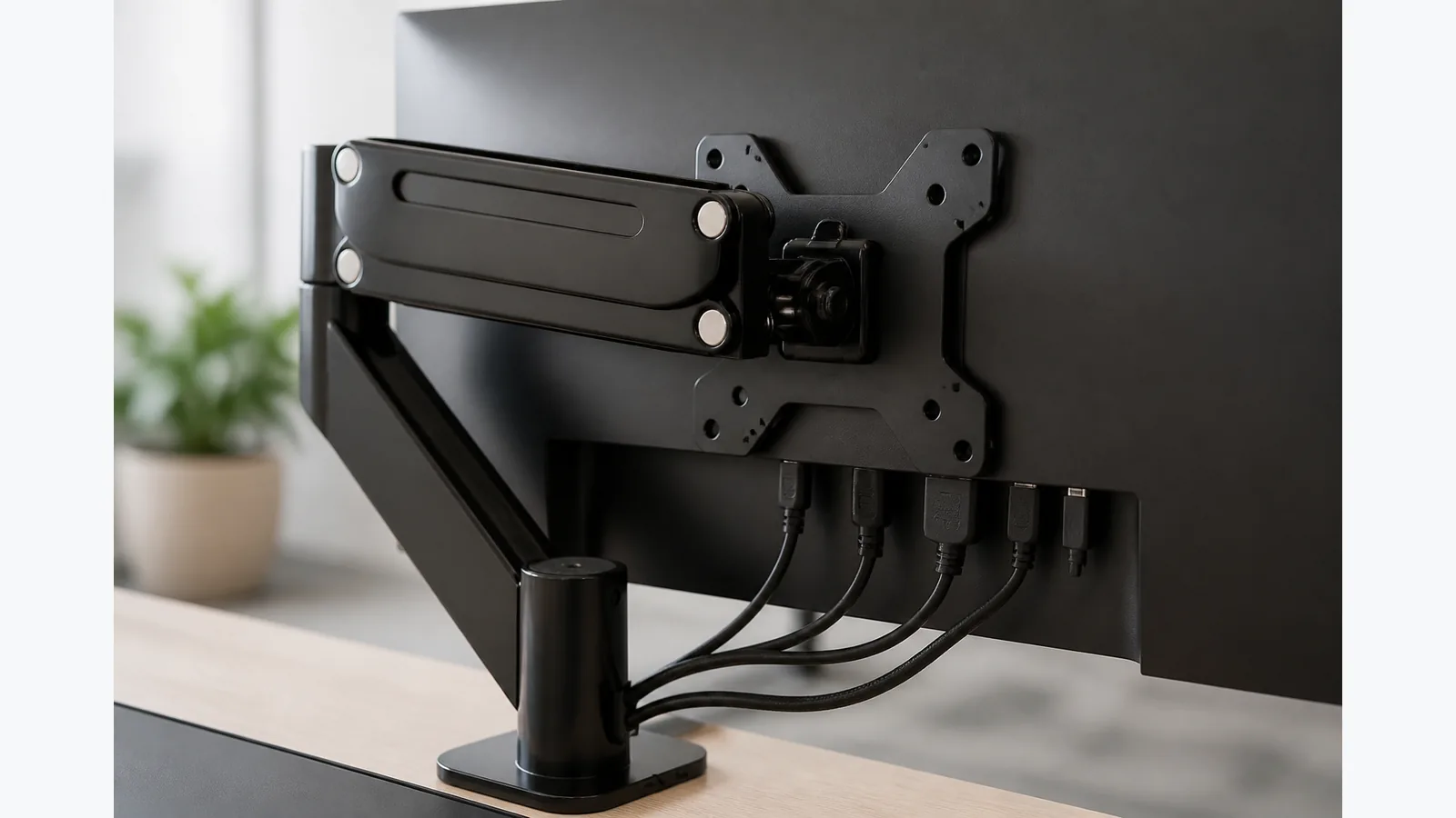 VESA plate footprint checked against monitor ports and cable clearance