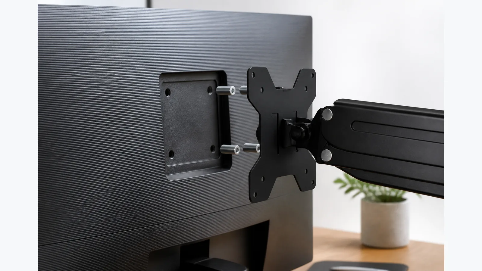Flush and recessed VESA mounting areas compared before fitting a monitor arm