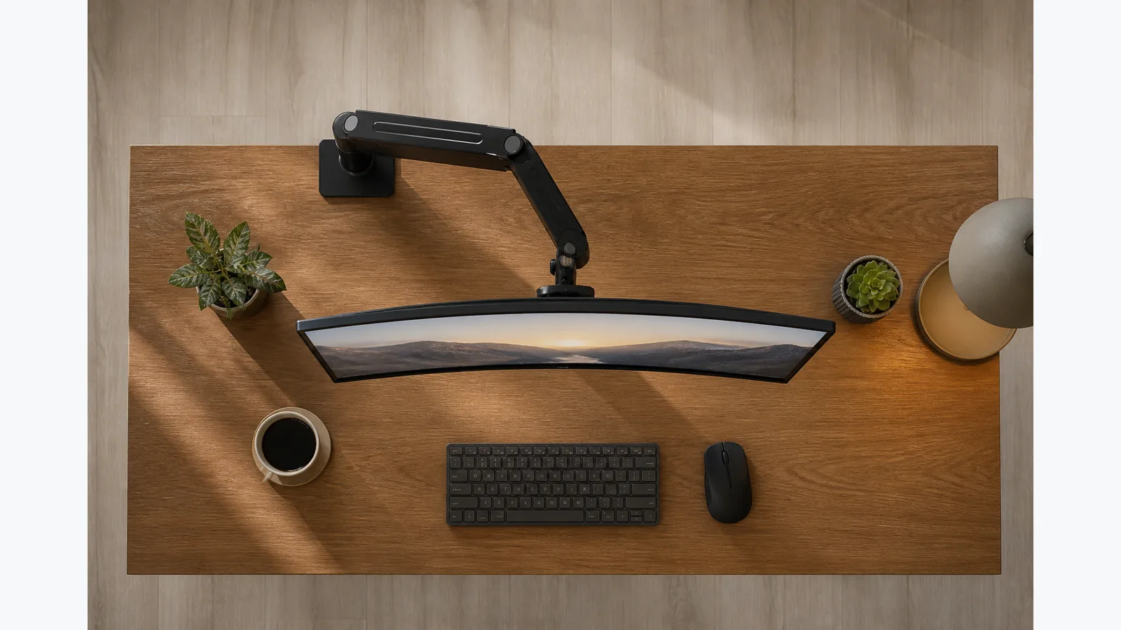 Off-centre monitor arm base positioning one screen directly in front of the user